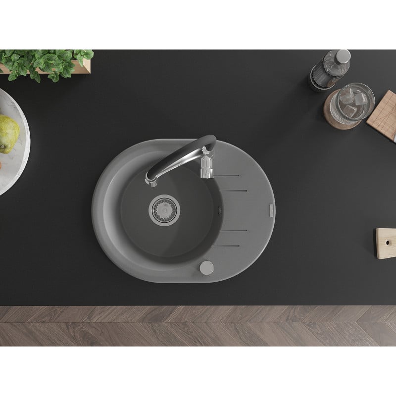 Mexen Kevin zlewozmywak granitowy 1-komorowy z ociekaczem i baterią kuchenną Aster, szary - 6517-71-73450-07