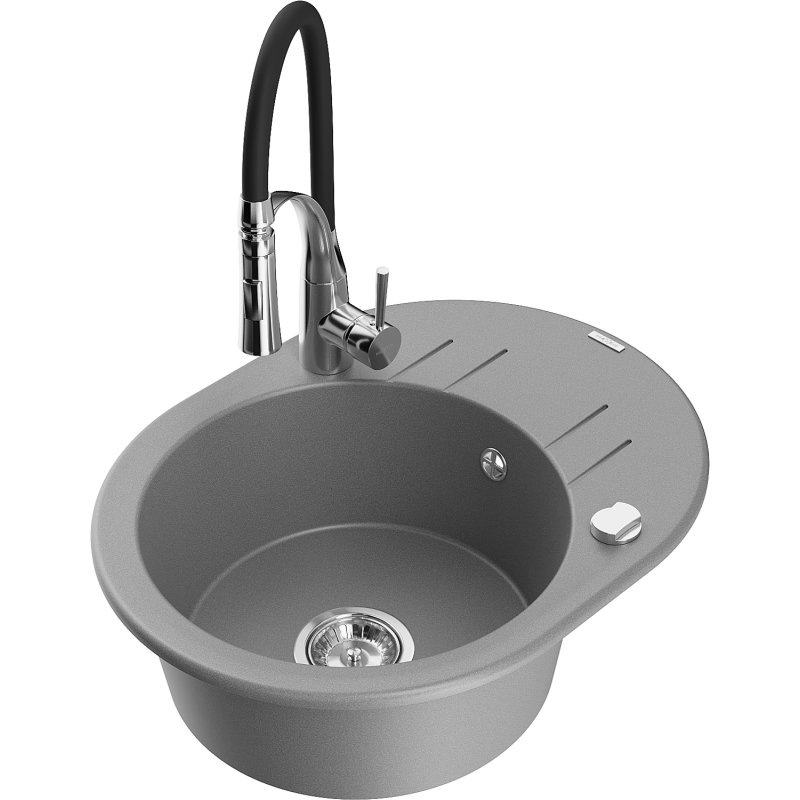 Mexen Kevin zlewozmywak granitowy 1-komorowy z ociekaczem i baterią kuchenną Aster, szary - 6517-71-73450-07