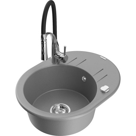 Mexen Kevin zlewozmywak granitowy 1-komorowy z ociekaczem i baterią kuchenną Aster, szary - 6517-71-73450-07