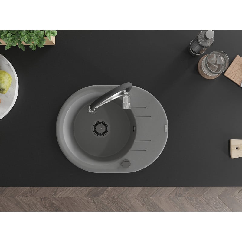 Mexen Kevin zlewozmywak granitowy 1-komorowy z ociekaczem i baterią kuchenną Aster, szary - 6517-71-73450-07-B