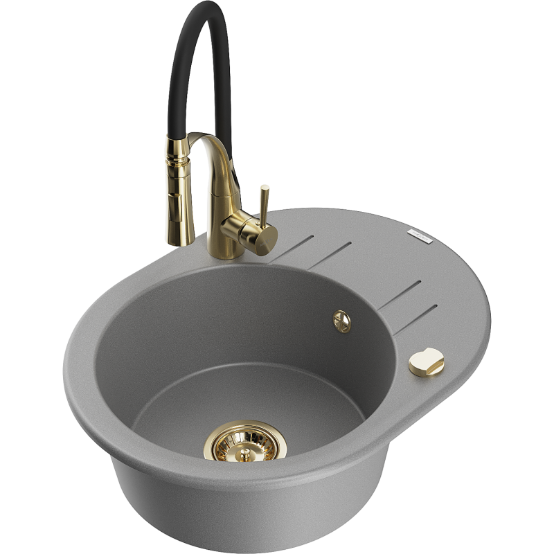 Mexen Kevin zlewozmywak granitowy 1-komorowy z ociekaczem i baterią kuchenną Aster, szary - 6517-71-73450-57-G