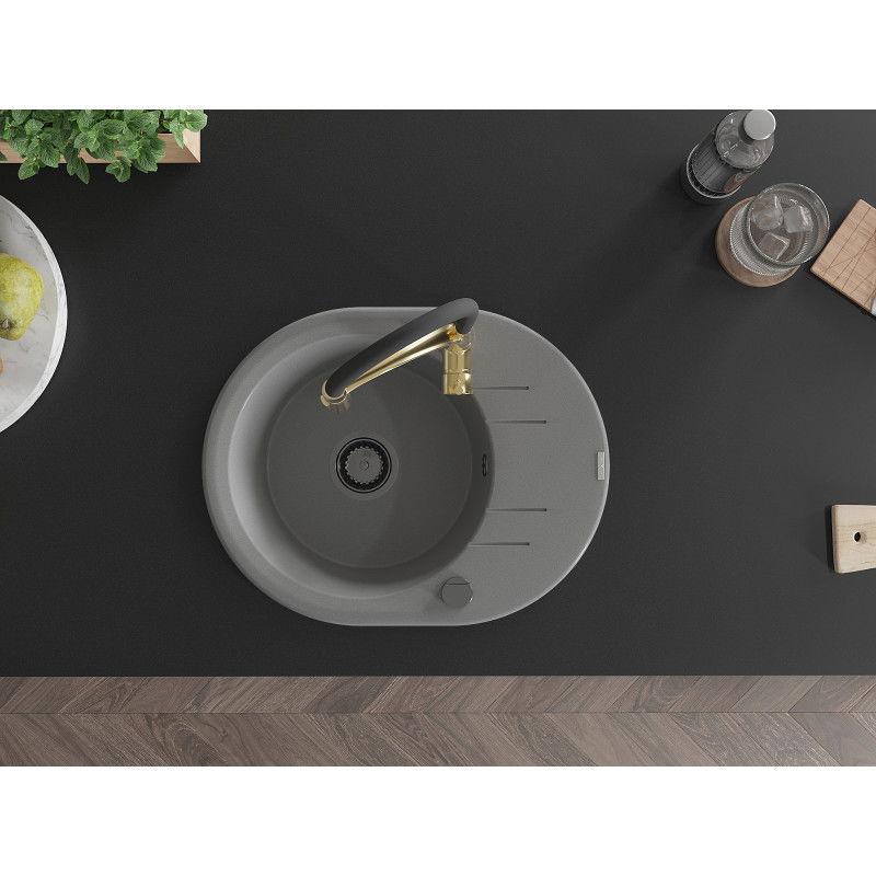 Mexen Kevin zlewozmywak granitowy 1-komorowy z ociekaczem i baterią kuchenną Aster, szary - 6517-71-73450-57-B