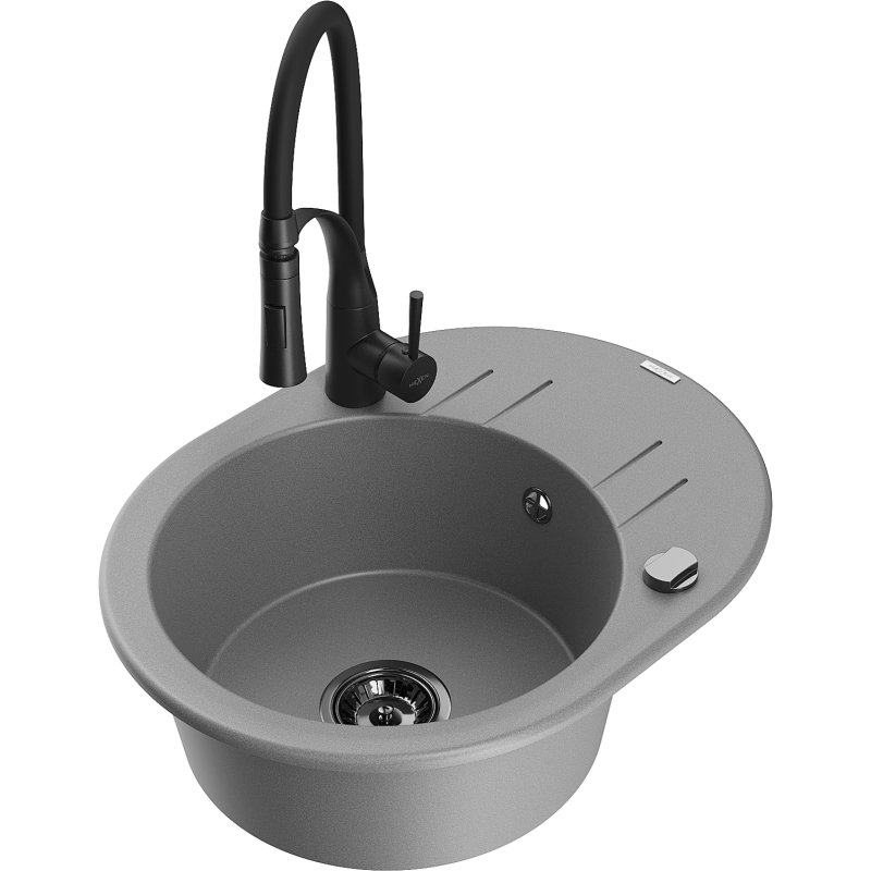 Mexen Kevin zlewozmywak granitowy 1-komorowy z ociekaczem i baterią kuchenną Aster, szary - 6517-71-73450-70-B