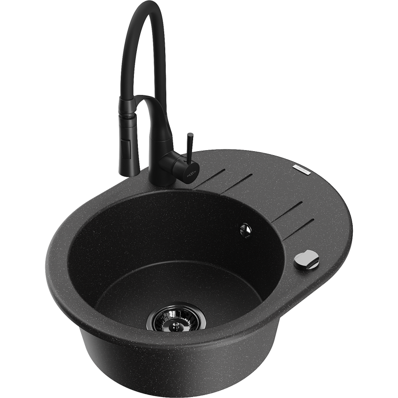 Mexen Kevin zlewozmywak granitowy 1-komorowy z ociekaczem i baterią kuchenną Aster, czarny/srebrny metalik - 6517-73-73450-70-B