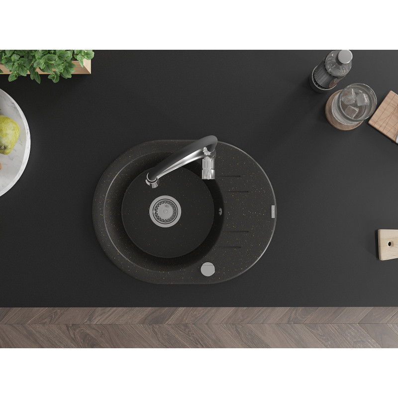 Mexen Kevin zlewozmywak granitowy 1-komorowy z ociekaczem i baterią kuchenną Aster, czarny/złoty metalik - 6517-75-73450-07