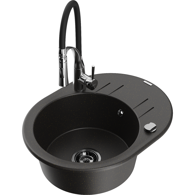 Mexen Kevin zlewozmywak granitowy 1-komorowy z ociekaczem i baterią kuchenną Aster, czarny/złoty metalik - 6517-75-73450-07-B