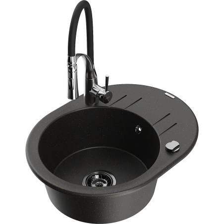 Mexen Kevin zlewozmywak granitowy 1-komorowy z ociekaczem i baterią kuchenną Aster, czarny/złoty metalik - 6517-75-73450-07-B