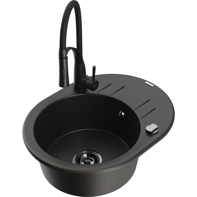 Mexen Kevin zlewozmywak granitowy 1-komorowy z ociekaczem i baterią kuchenną Aster, czarny/złoty metalik - 6517-75-73450-70-B