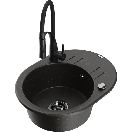 Mexen Kevin zlewozmywak granitowy 1-komorowy z ociekaczem i baterią kuchenną Aster, czarny/złoty metalik - 6517-75-73450-70-B