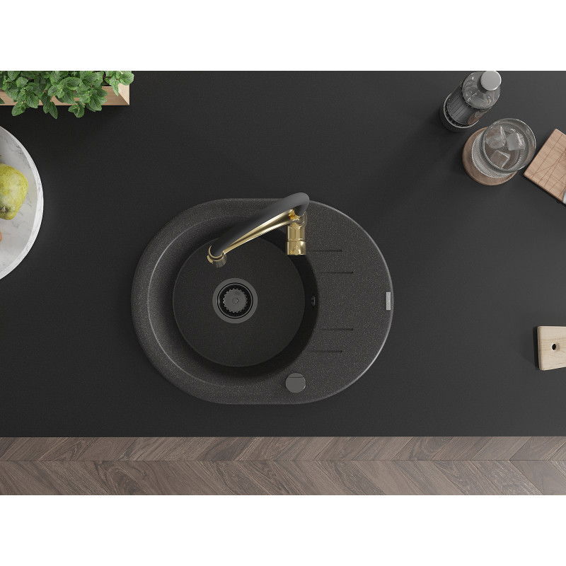 Mexen Kevin zlewozmywak granitowy 1-komorowy z ociekaczem i baterią kuchenną Aster, czarny nakrapiany - 6517-76-73450-57-B