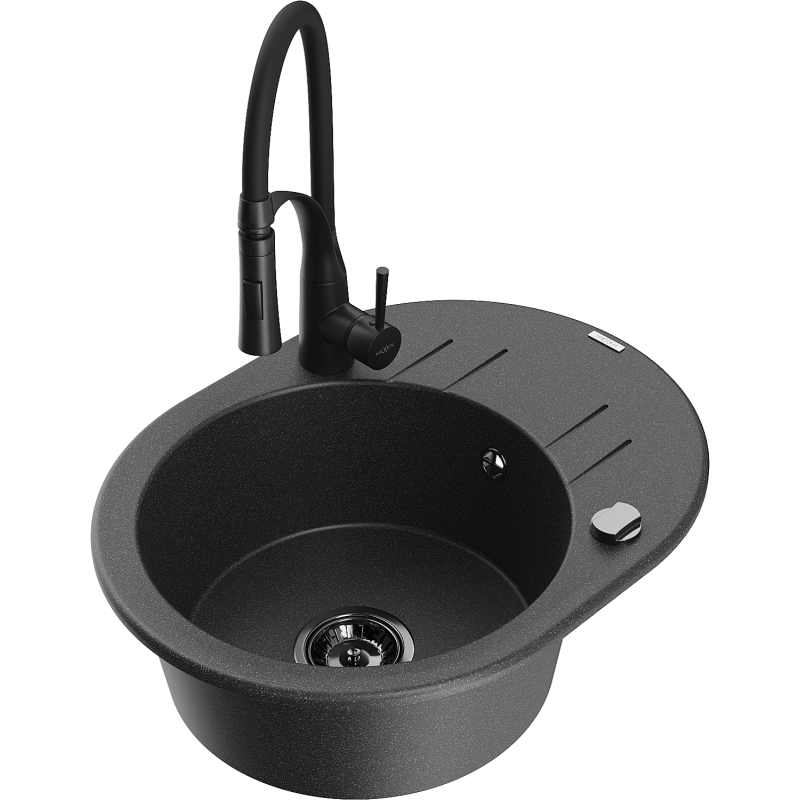 Mexen Kevin zlewozmywak granitowy 1-komorowy z ociekaczem i baterią kuchenną Aster, czarny nakrapiany - 6517-76-73450-70-B