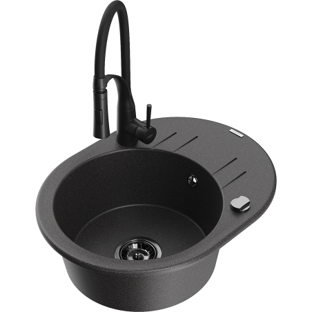 Mexen Kevin zlewozmywak granitowy 1-komorowy z ociekaczem i baterią kuchenną Aster, czarny nakrapiany - 6517-76-73450-70-B