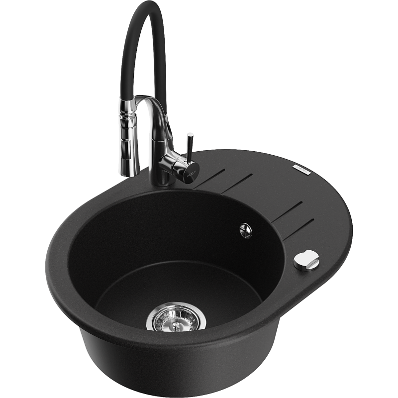 Mexen Kevin zlewozmywak granitowy 1-komorowy z ociekaczem i baterią kuchenną Aster, czarny - 6517-77-73450-07