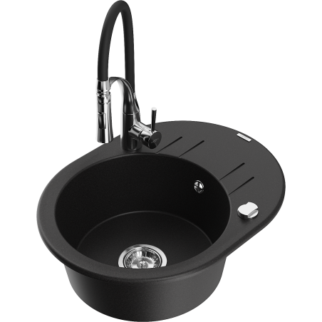 Mexen Kevin zlewozmywak granitowy 1-komorowy z ociekaczem i baterią kuchenną Aster, czarny - 6517-77-73450-07