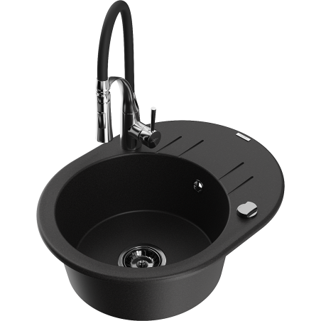 Mexen Kevin zlewozmywak granitowy 1-komorowy z ociekaczem i baterią kuchenną Aster, czarny - 6517-77-73450-07-B