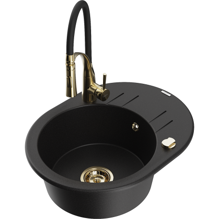 Mexen Kevin zlewozmywak granitowy 1-komorowy z ociekaczem i baterią kuchenną Aster, czarny - 6517-77-73450-57-G