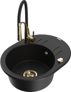 Mexen Kevin zlewozmywak granitowy 1-komorowy z ociekaczem i baterią kuchenną Aster, czarny - 6517-77-73450-57-G