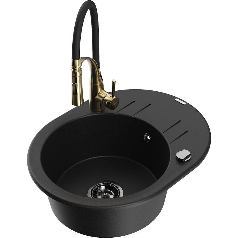 Mexen Kevin zlewozmywak granitowy 1-komorowy z ociekaczem i baterią kuchenną Aster, czarny - 6517-77-73450-57-B