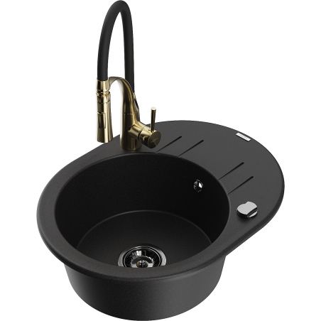 Mexen Kevin zlewozmywak granitowy 1-komorowy z ociekaczem i baterią kuchenną Aster, czarny - 6517-77-73450-57-B