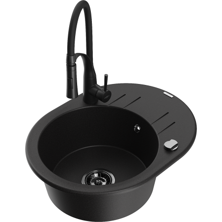 Mexen Kevin zlewozmywak granitowy 1-komorowy z ociekaczem i baterią kuchenną Aster, czarny - 6517-77-73450-70-B