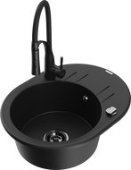 Mexen Kevin zlewozmywak granitowy 1-komorowy z ociekaczem i baterią kuchenną Aster, czarny - 6517-77-73450-70-B