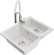 Mexen Carlos zlewozmywak granitowy 1,5-komorowy z baterią kuchenną Aster, biały - 6518-20-73450-02