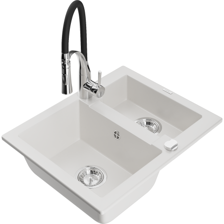 Mexen Carlos zlewozmywak granitowy 1,5-komorowy z baterią kuchenną Aster, biały - 6518-20-73450-07