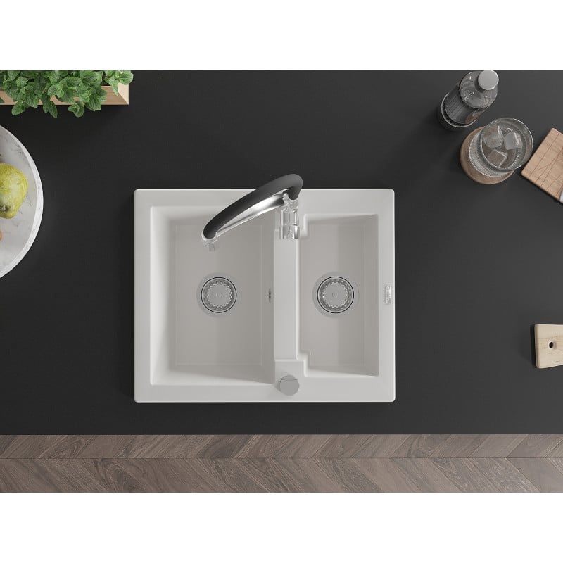 Mexen Carlos zlewozmywak granitowy 1,5-komorowy z baterią kuchenną Aster, biały - 6518-20-73450-07