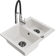 Mexen Carlos zlewozmywak granitowy 1,5-komorowy z baterią kuchenną Aster, biały - 6518-20-73450-07-B