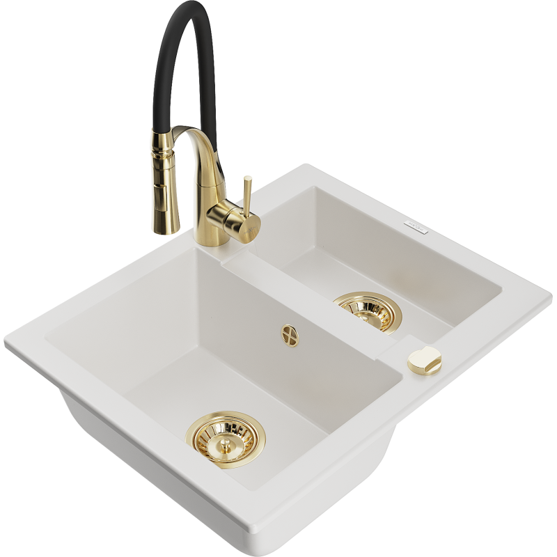 Mexen Carlos zlewozmywak granitowy 1,5-komorowy z baterią kuchenną Aster, biały - 6518-20-73450-57-G