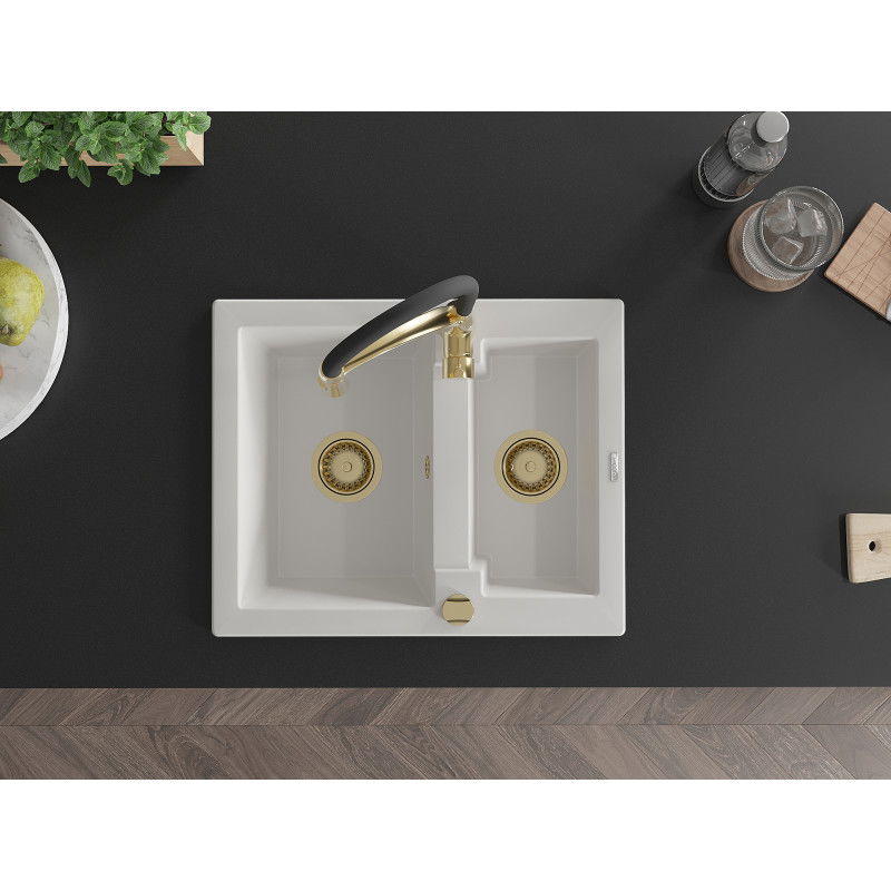 Mexen Carlos zlewozmywak granitowy 1,5-komorowy z baterią kuchenną Aster, biały - 6518-20-73450-57-G