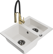 Mexen Carlos zlewozmywak granitowy 1,5-komorowy z baterią kuchenną Aster, biały - 6518-20-73450-57-B