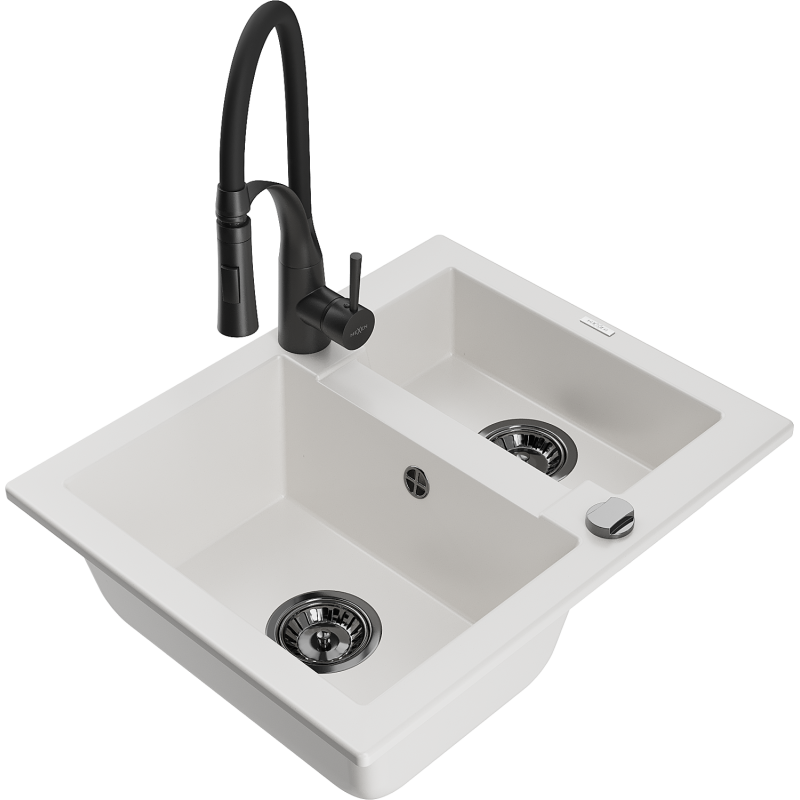 Mexen Carlos zlewozmywak granitowy 1,5-komorowy z baterią kuchenną Aster, biały - 6518-20-73450-70-B