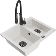 Mexen Carlos zlewozmywak granitowy 1,5-komorowy z baterią kuchenną Aster, biały - 6518-20-73450-70-B