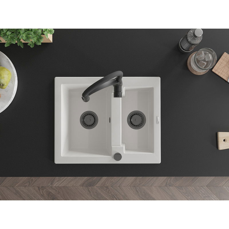Mexen Carlos zlewozmywak granitowy 1,5-komorowy z baterią kuchenną Aster, biały - 6518-20-73450-70-B