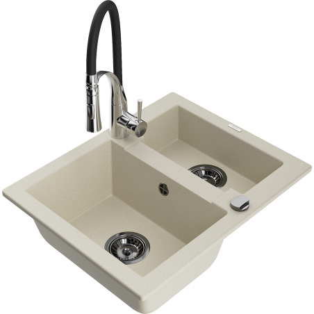 Mexen Carlos zlewozmywak granitowy 1,5-komorowy z baterią kuchenną Aster, beżowy - 6518-69-73450-07-B