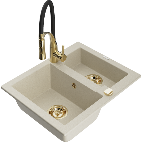 Mexen Carlos zlewozmywak granitowy 1,5-komorowy z baterią kuchenną Aster, beżowy - 6518-69-73450-57-G
