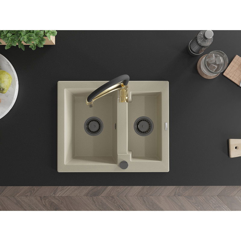 Mexen Carlos zlewozmywak granitowy 1,5-komorowy z baterią kuchenną Aster, beżowy - 6518-69-73450-57-B