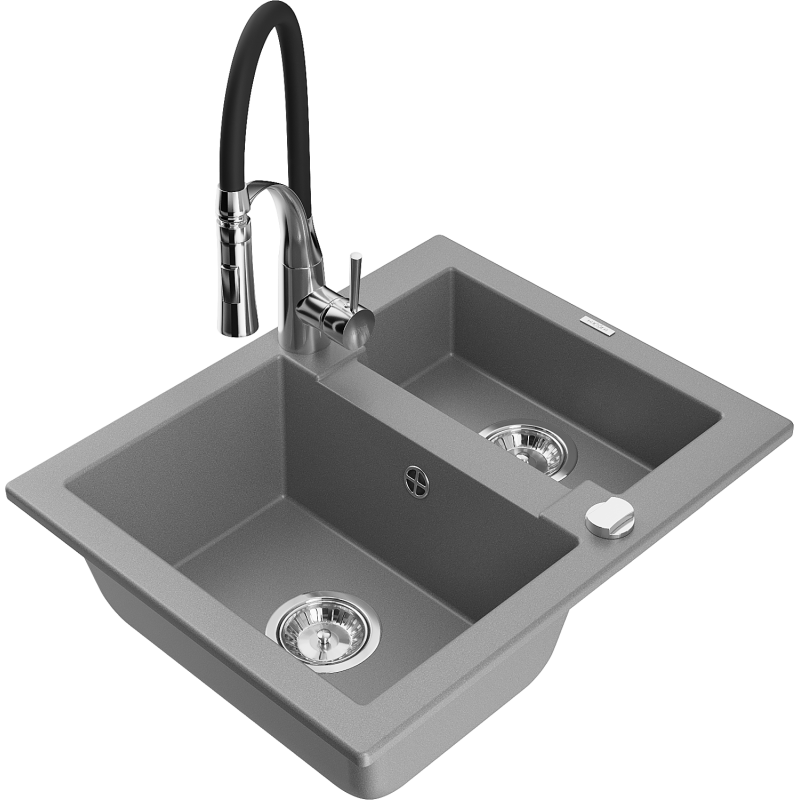 Mexen Carlos zlewozmywak granitowy 1,5-komorowy z baterią kuchenną Aster, szary - 6518-71-73450-07