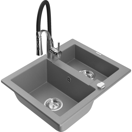 Mexen Carlos zlewozmywak granitowy 1,5-komorowy z baterią kuchenną Aster, szary - 6518-71-73450-07