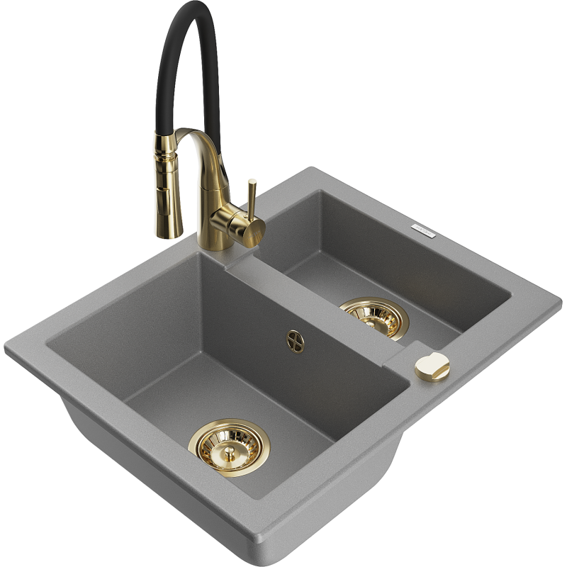 Mexen Carlos zlewozmywak granitowy 1,5-komorowy z baterią kuchenną Aster, szary - 6518-71-73450-57-G