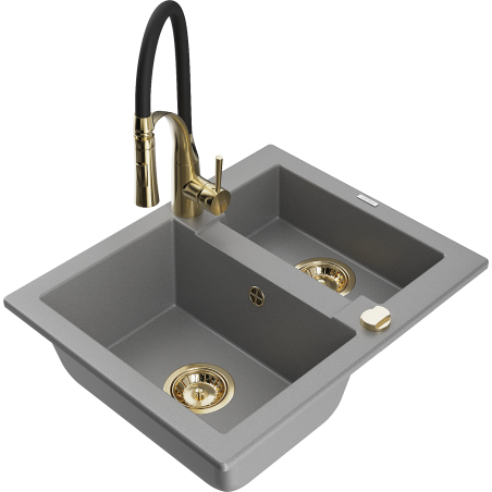 Mexen Carlos zlewozmywak granitowy 1,5-komorowy z baterią kuchenną Aster, szary - 6518-71-73450-57-G