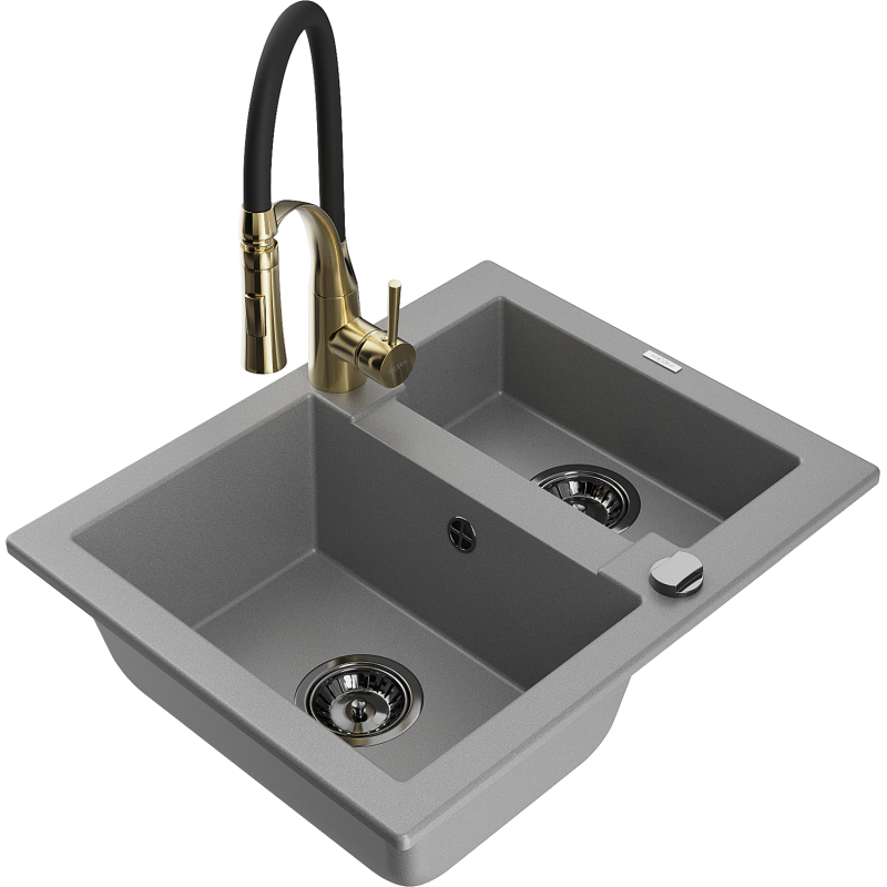 Mexen Carlos zlewozmywak granitowy 1,5-komorowy z baterią kuchenną Aster, szary - 6518-71-73450-57-B