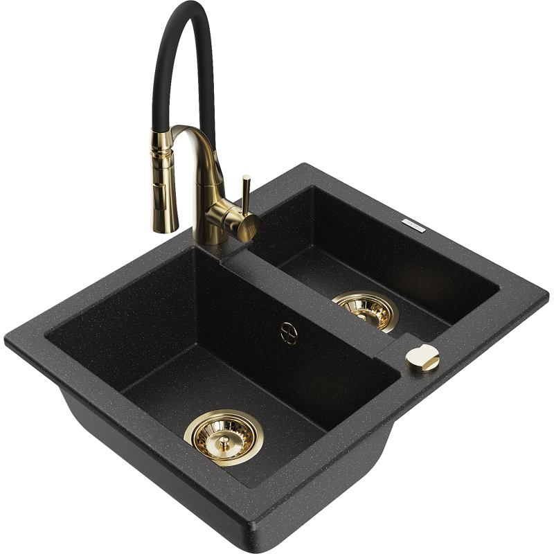 Mexen Carlos zlewozmywak granitowy 1,5-komorowy z baterią kuchenną Aster, czarny/srebrny metalik - 6518-73-73450-57-G