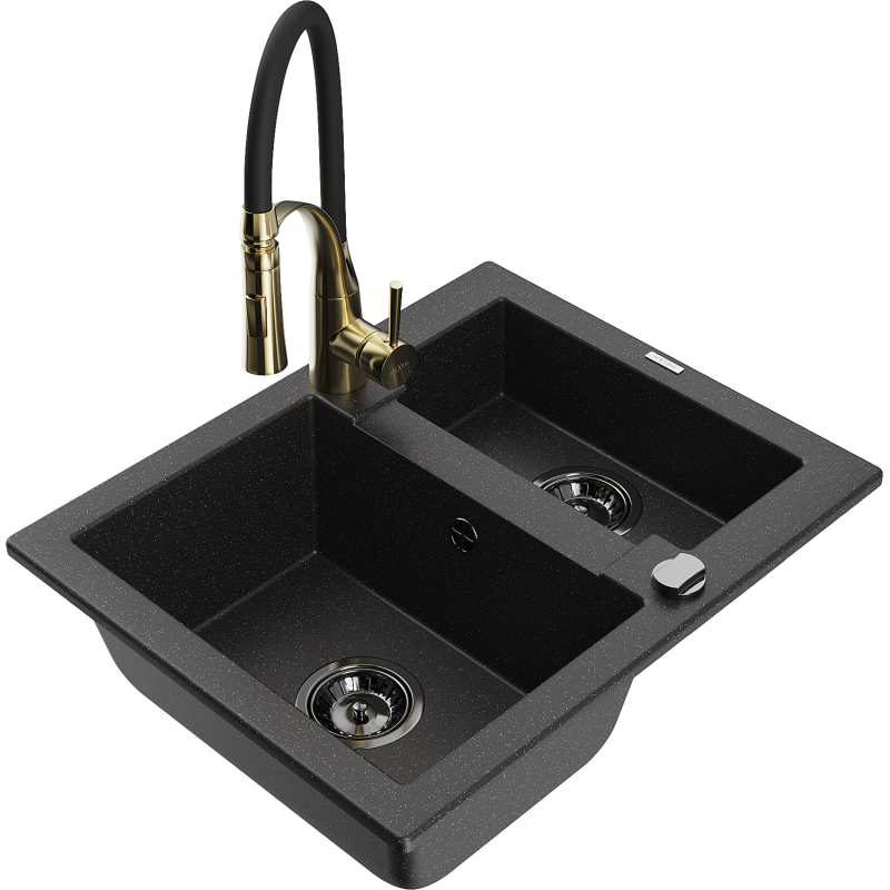 Mexen Carlos zlewozmywak granitowy 1,5-komorowy z baterią kuchenną Aster, czarny/srebrny metalik - 6518-73-73450-57-B