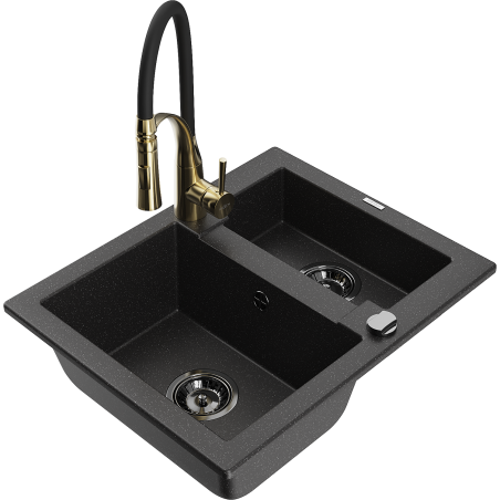 Mexen Carlos zlewozmywak granitowy 1,5-komorowy z baterią kuchenną Aster, czarny/srebrny metalik - 6518-73-73450-57-B