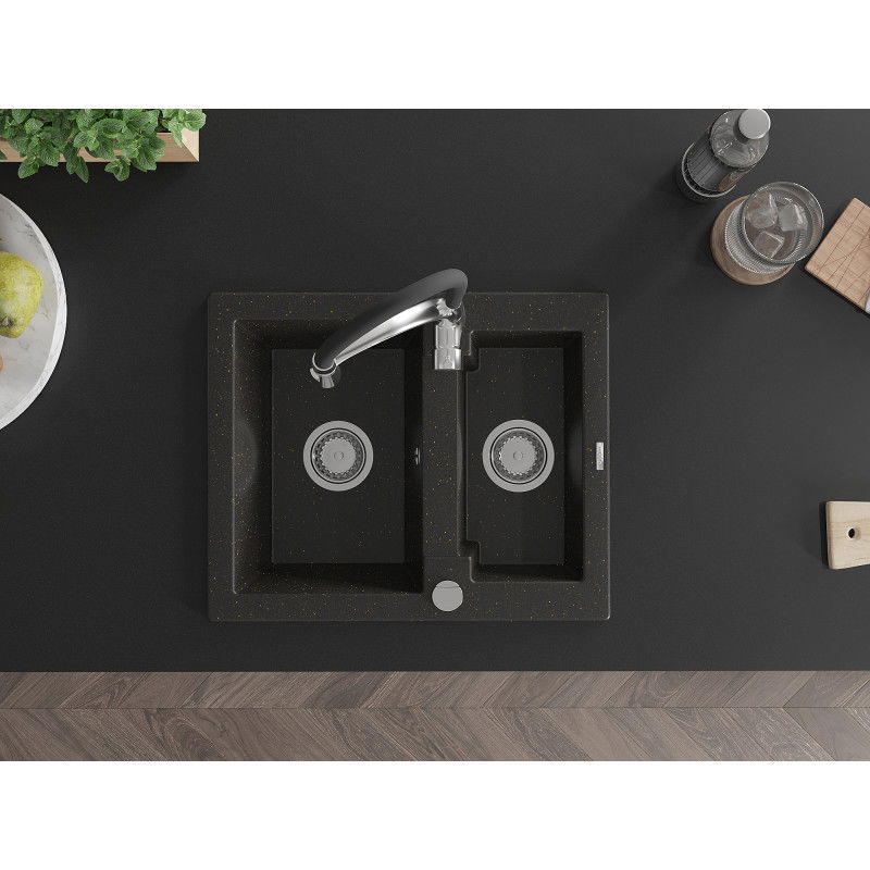 Mexen Carlos zlewozmywak granitowy 1,5-komorowy z baterią kuchenną Aster, czarny/złoty metalik - 6518-75-73450-07