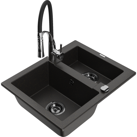 Mexen Carlos zlewozmywak granitowy 1,5-komorowy z baterią kuchenną Aster, czarny/złoty metalik - 6518-75-73450-07-B