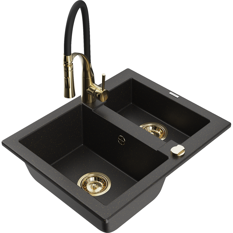 Mexen Carlos zlewozmywak granitowy 1,5-komorowy z baterią kuchenną Aster, czarny/złoty metalik - 6518-75-73450-57-G