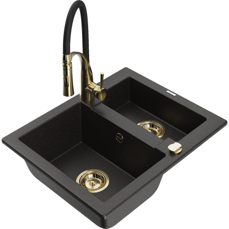 Mexen Carlos zlewozmywak granitowy 1,5-komorowy z baterią kuchenną Aster, czarny/złoty metalik - 6518-75-73450-57-G